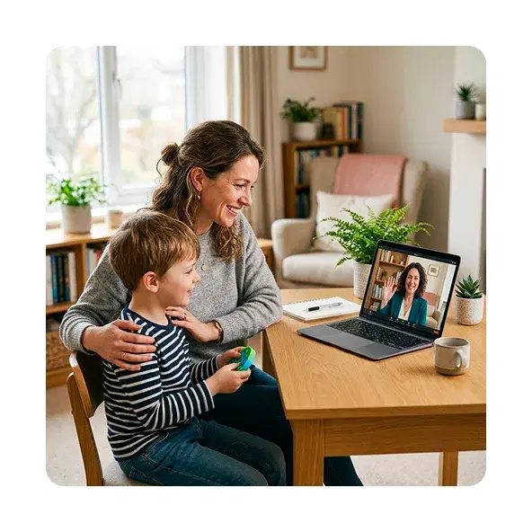 A mother and her young son taking part in a video therapy session with a therapist on a laptop