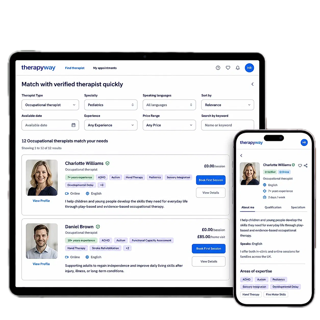 Therapyway search results on a laptop showing verified therapists with their specialisms, session prices, and Book First Session buttons, next to a therapist profile on a phone with a free-consultation booking option