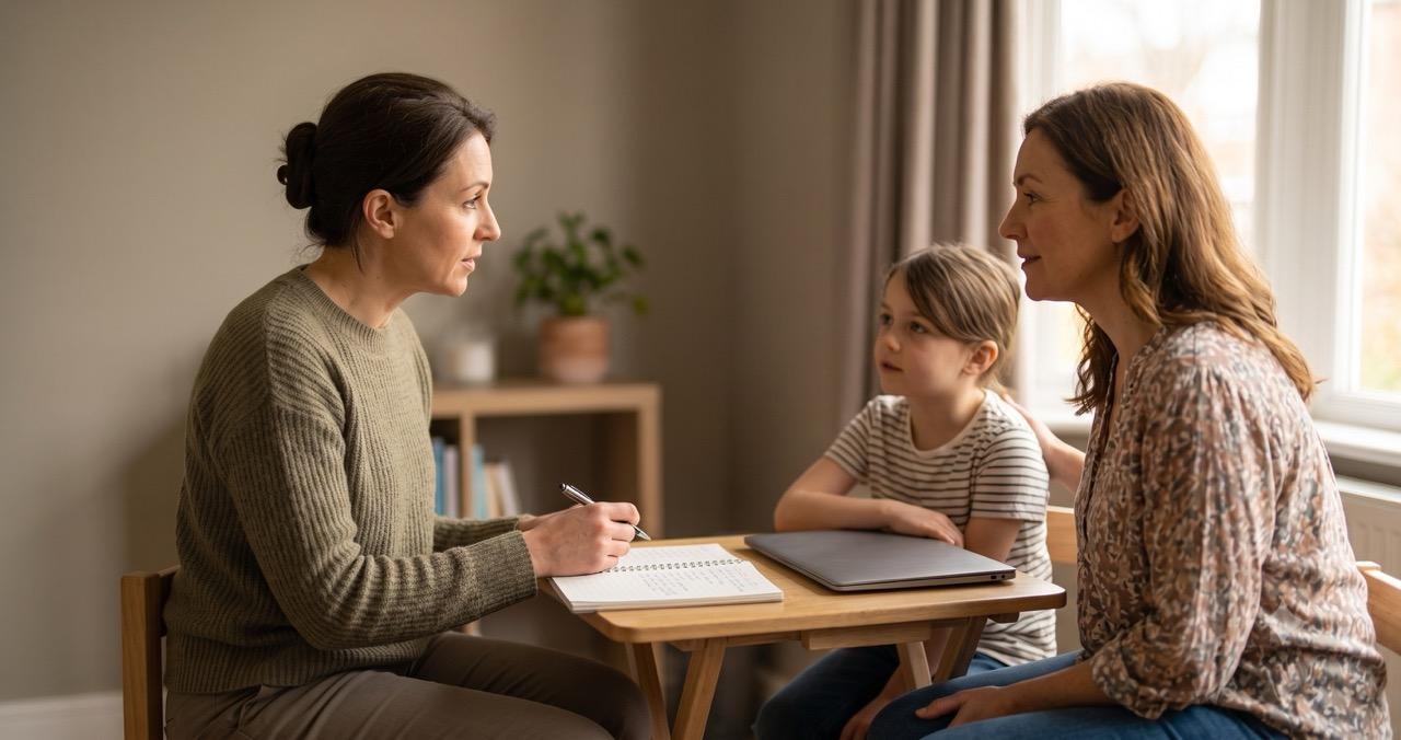 A speech and language therapist sitting with a parent and child in a bright consulting room, taking notes during a session.