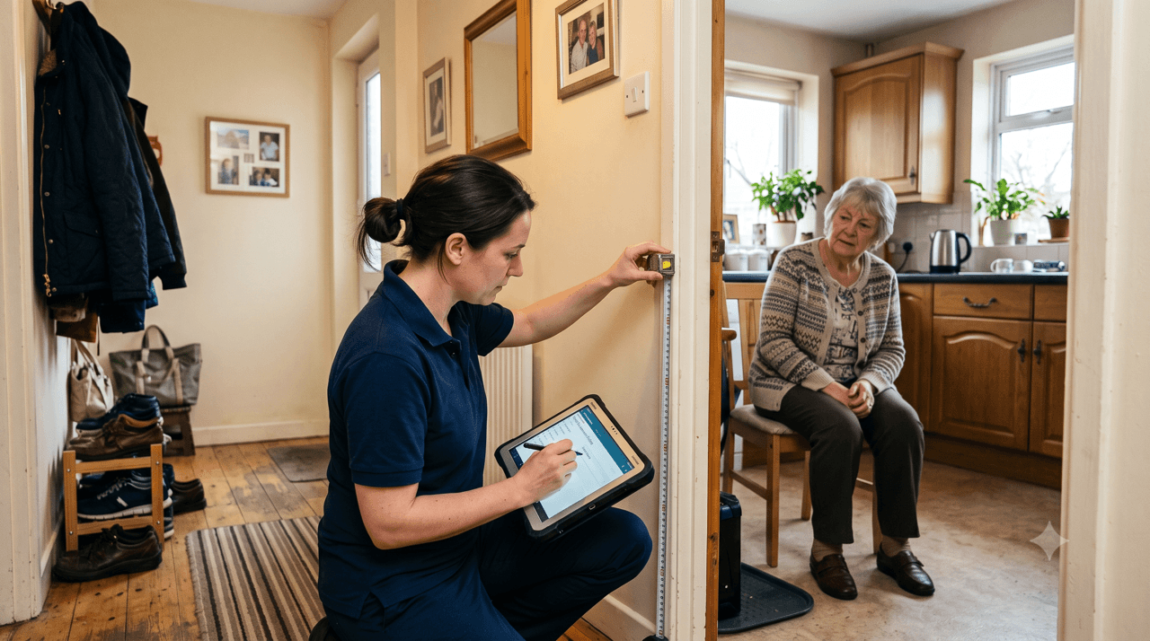 An occupational therapist carrying out a home assessment with an older adult in a domestic kitchen.